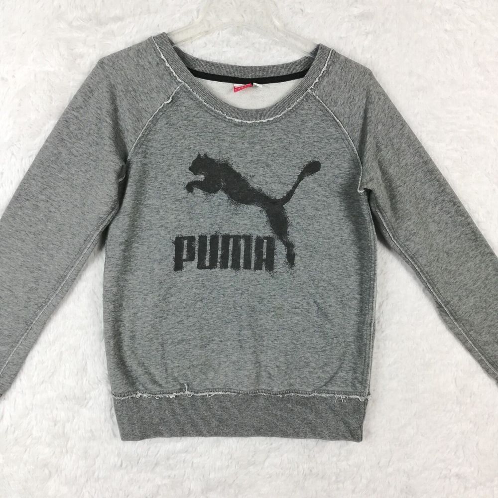 Puma Womens Sweatshirt Crew Neck Gray Heather Pullover Big Logo Sportswear S